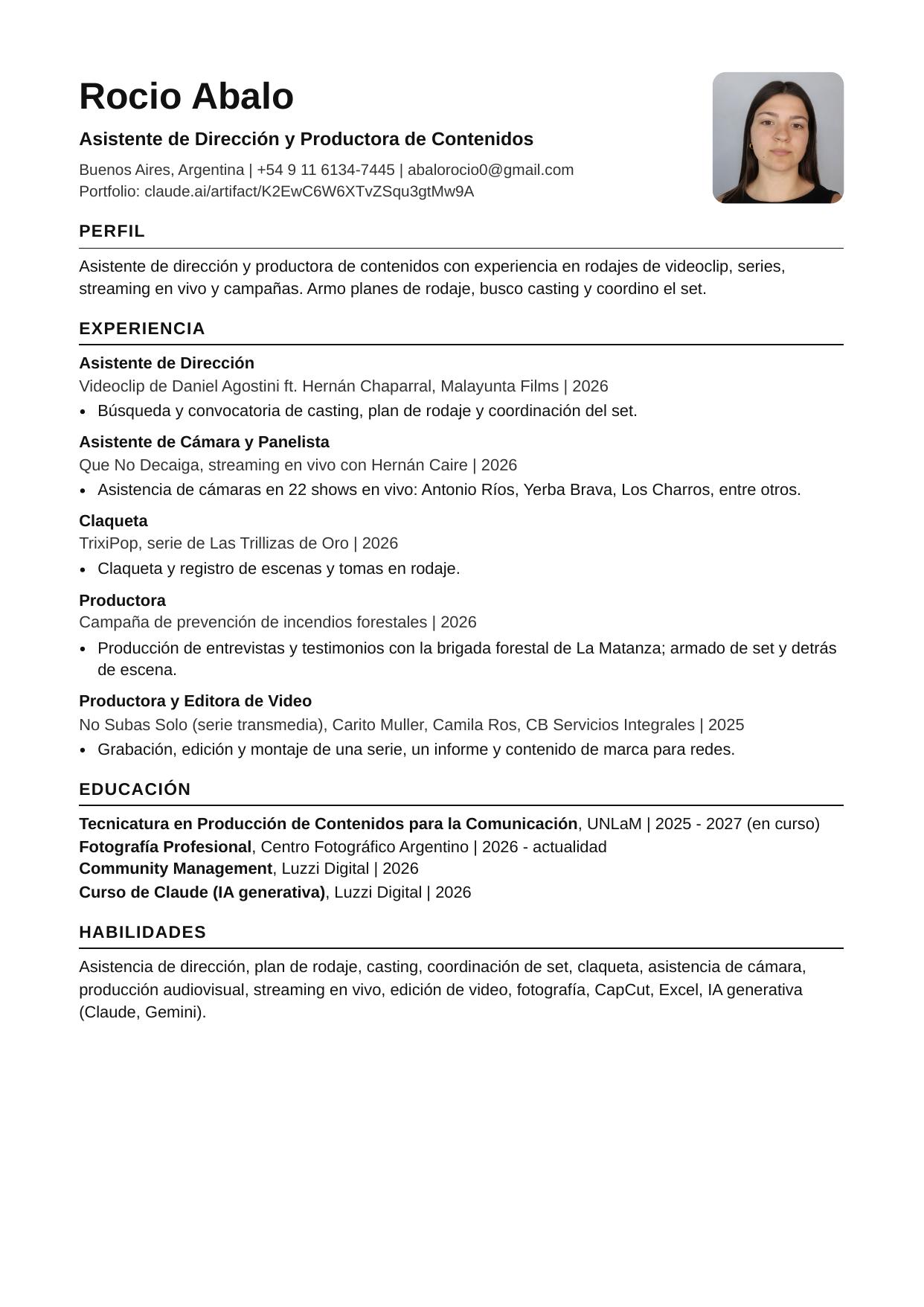 CV de Rocio Abalo: perfil, experiencia, formación, habilidades y herramientas